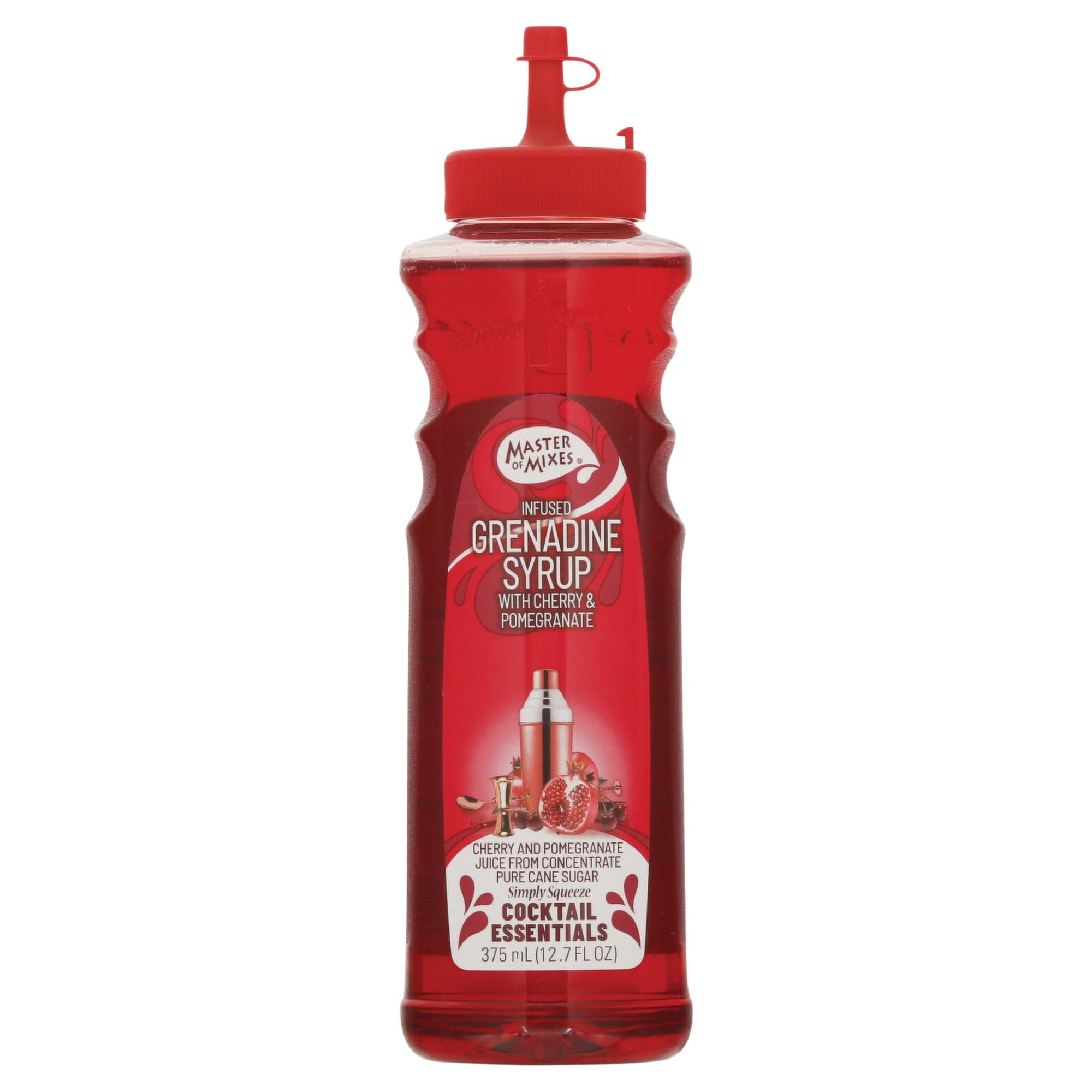Master of Mixes Grenadine bottle front view, stylish packaging for premium cocktails.
