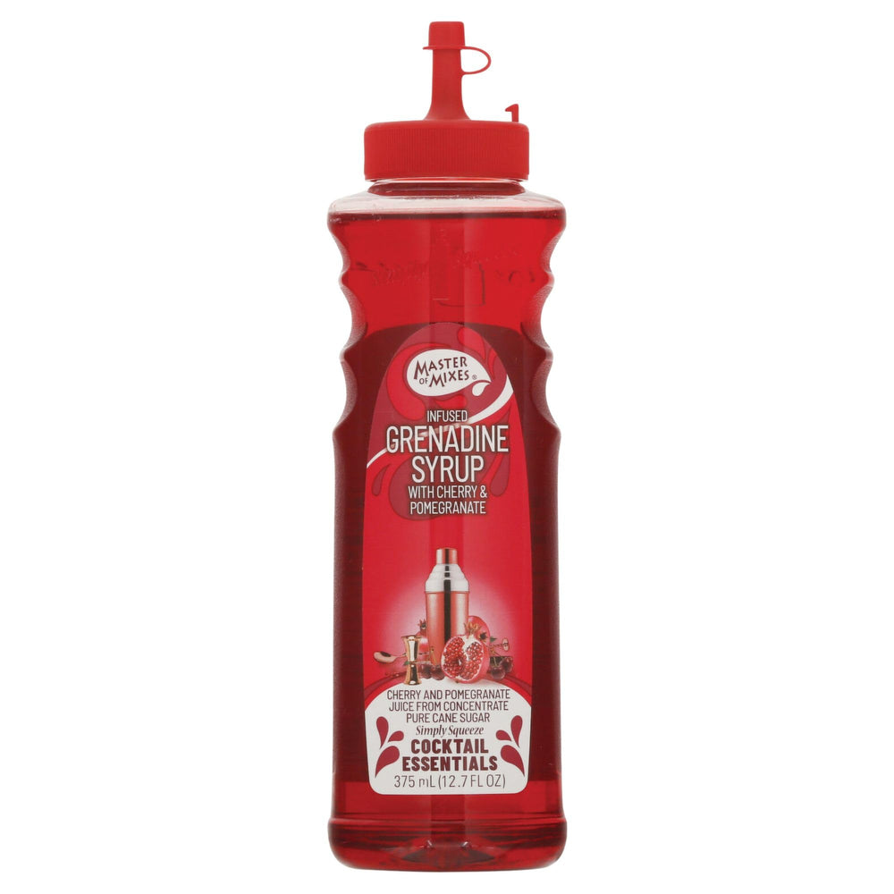 Master of Mixes Grenadine bottle front view, stylish packaging for premium cocktails.