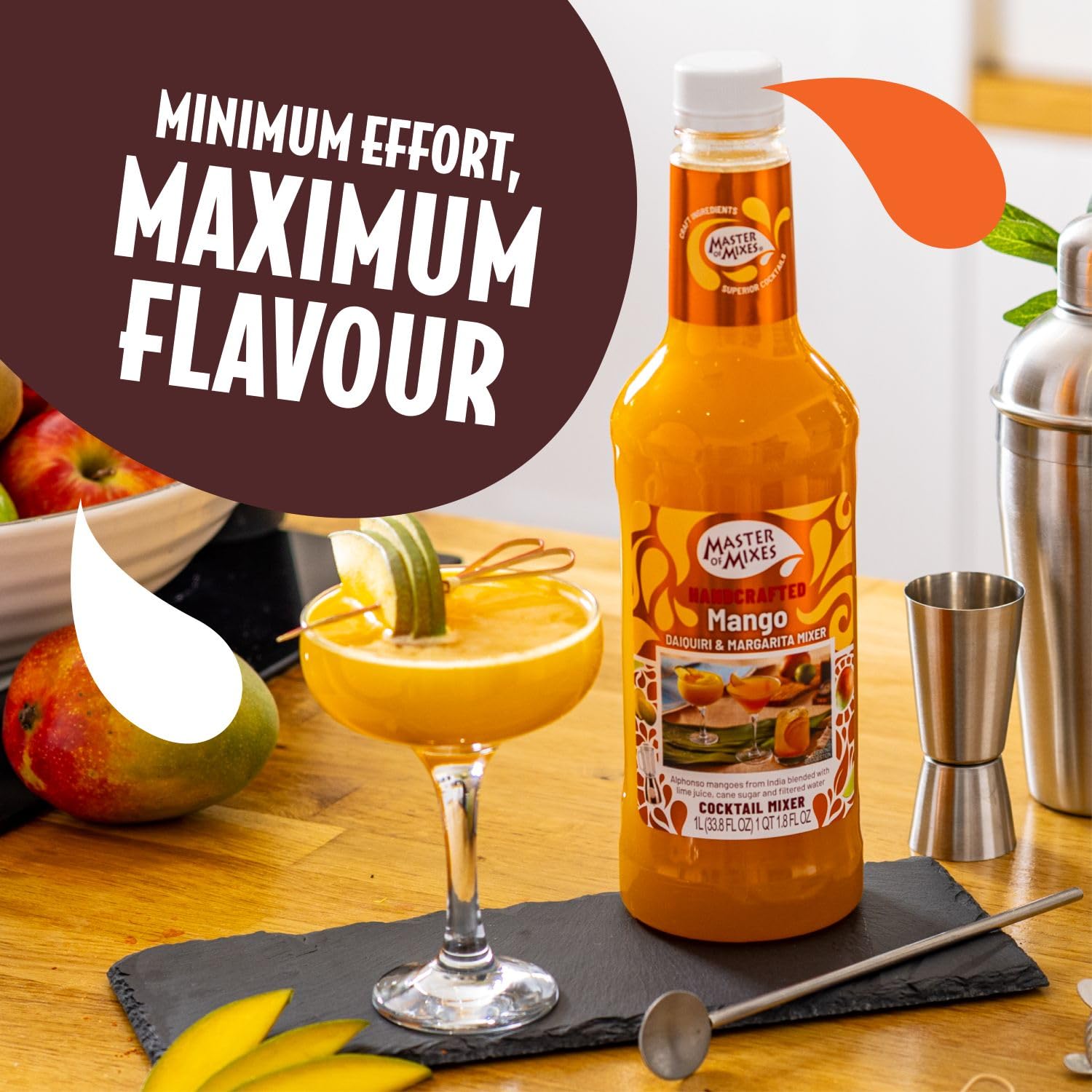 Master of Mixes mango garnish with frosted glass for refreshing serves.