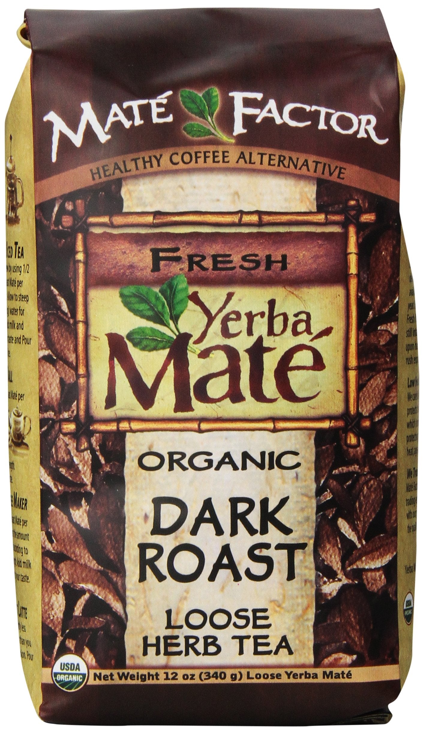 Maté Factor bottle of energizing mate-grain beverage with dark roast flavor for morning energy