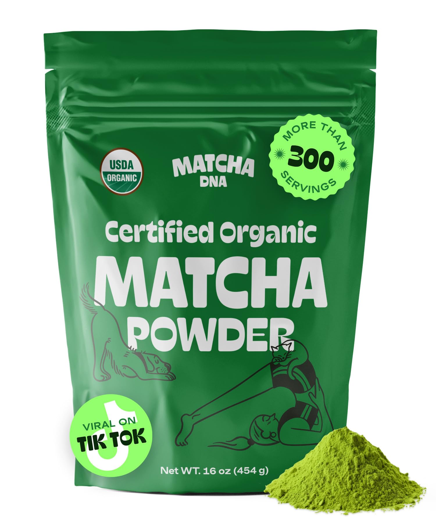 MATCHA DNA certified organic matcha powder in a 16 oz bag, ideal for tea and recipes