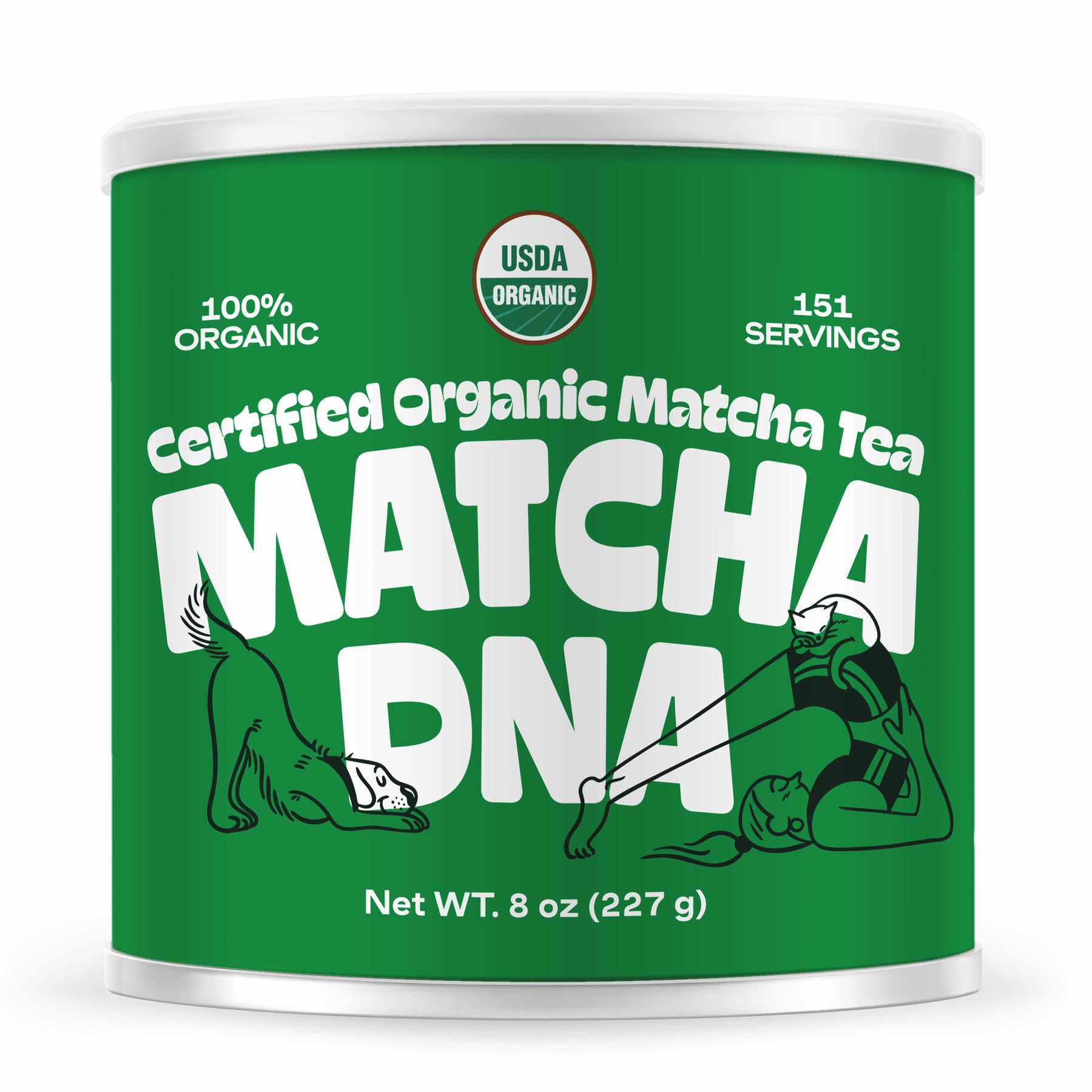 Matcha DNA certified organic matcha powder tin front, ideal for daily ceremonial tea.