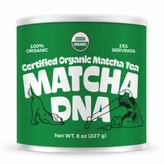 Matcha DNA certified organic matcha powder tin front, ideal for daily ceremonial tea.