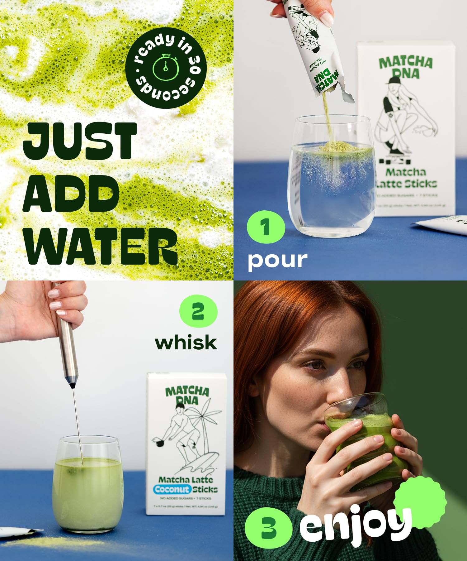 MATCHA DNA coconut latte 7-pack packaging highlights convenient travel-friendly supply.