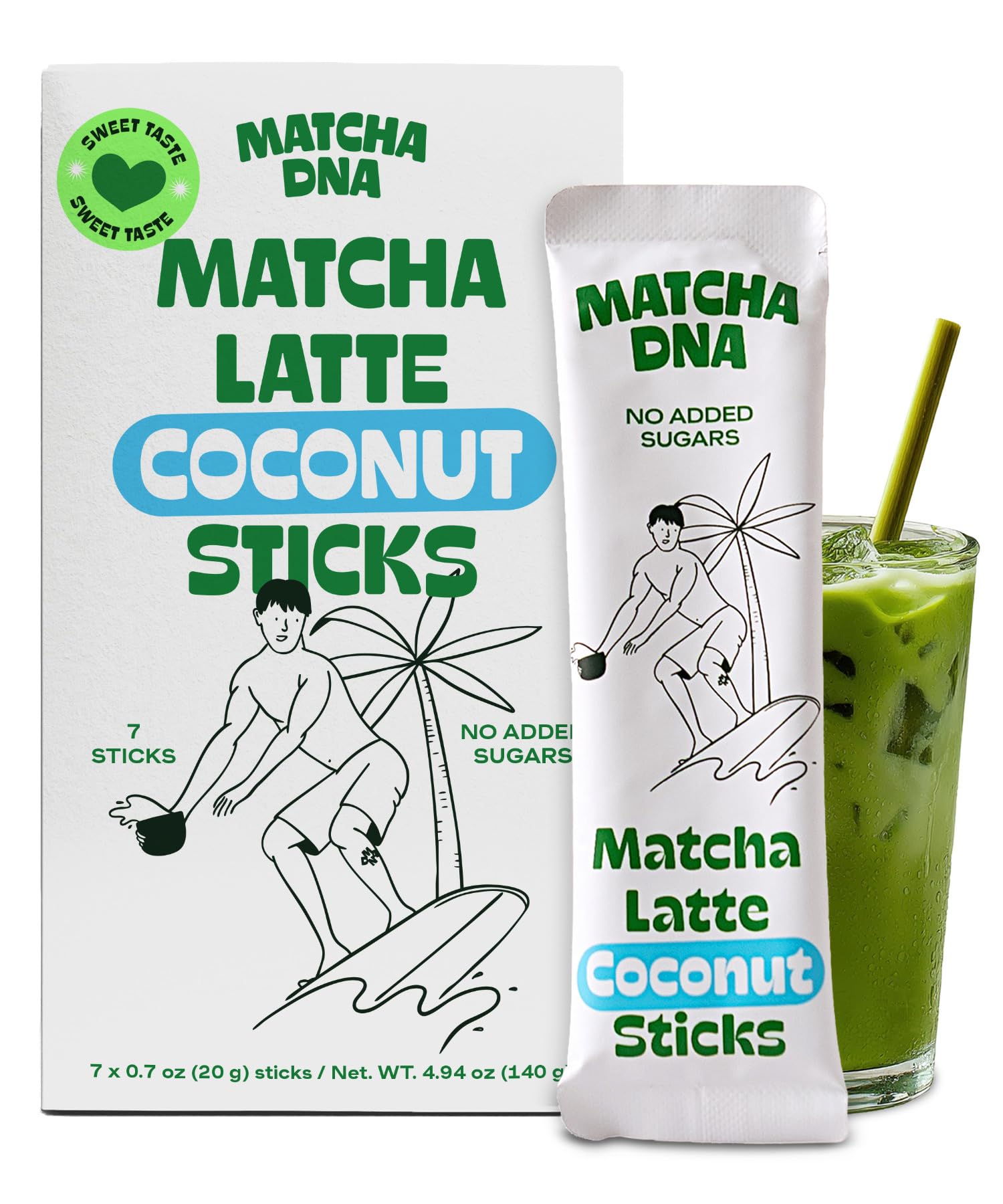 MATCHA DNA coconut latte stick pack closeup for on-the-go flavor and convenience.