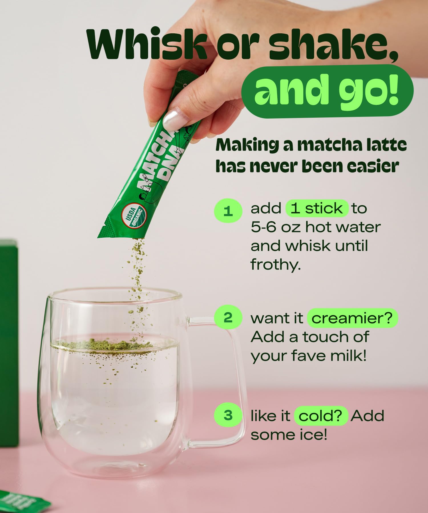 MATCHA DNA latte setup: vibrant green latte with smooth texture.
