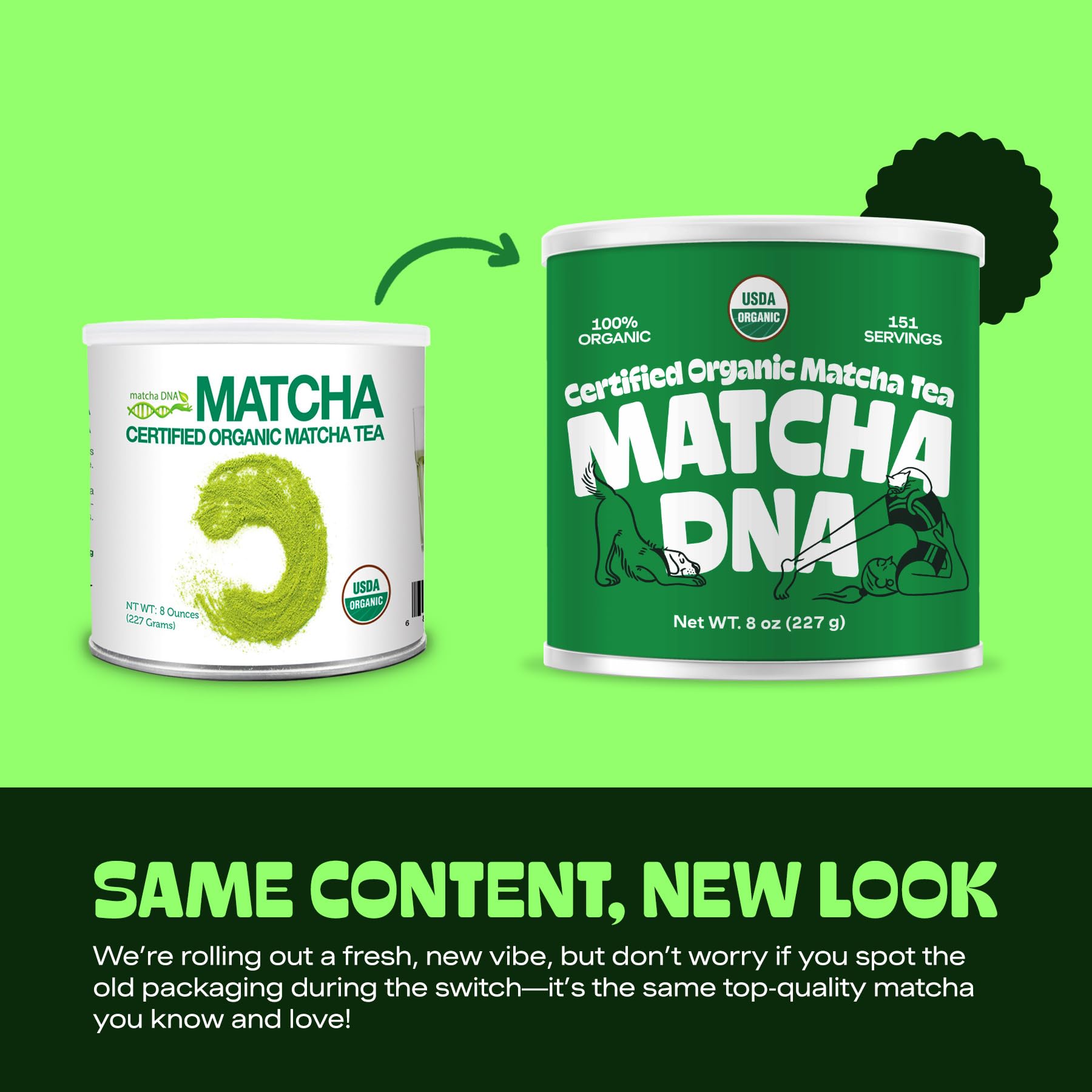 Matcha DNA organic matcha latte powder in a mug for creamy beverages.
