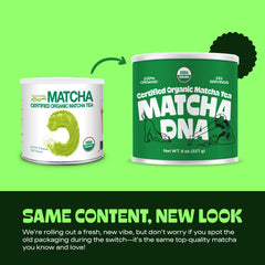 Matcha DNA organic matcha latte powder in a mug for creamy beverages.