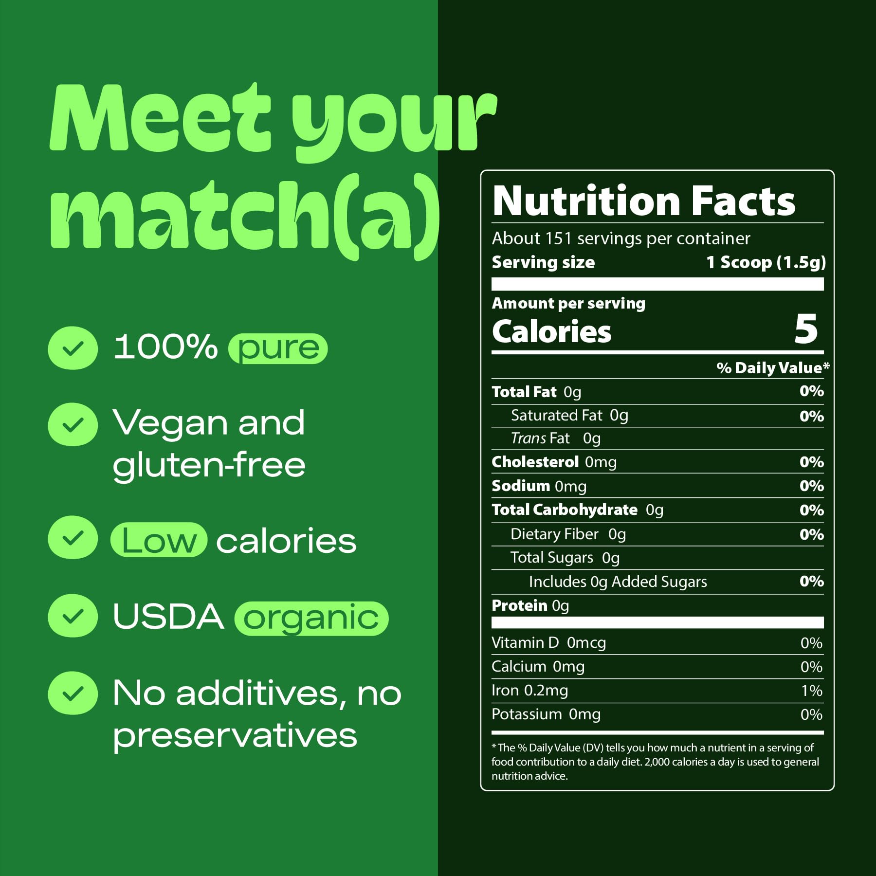 Matcha DNA organic matcha powder with scoop close-up for precise measuring.