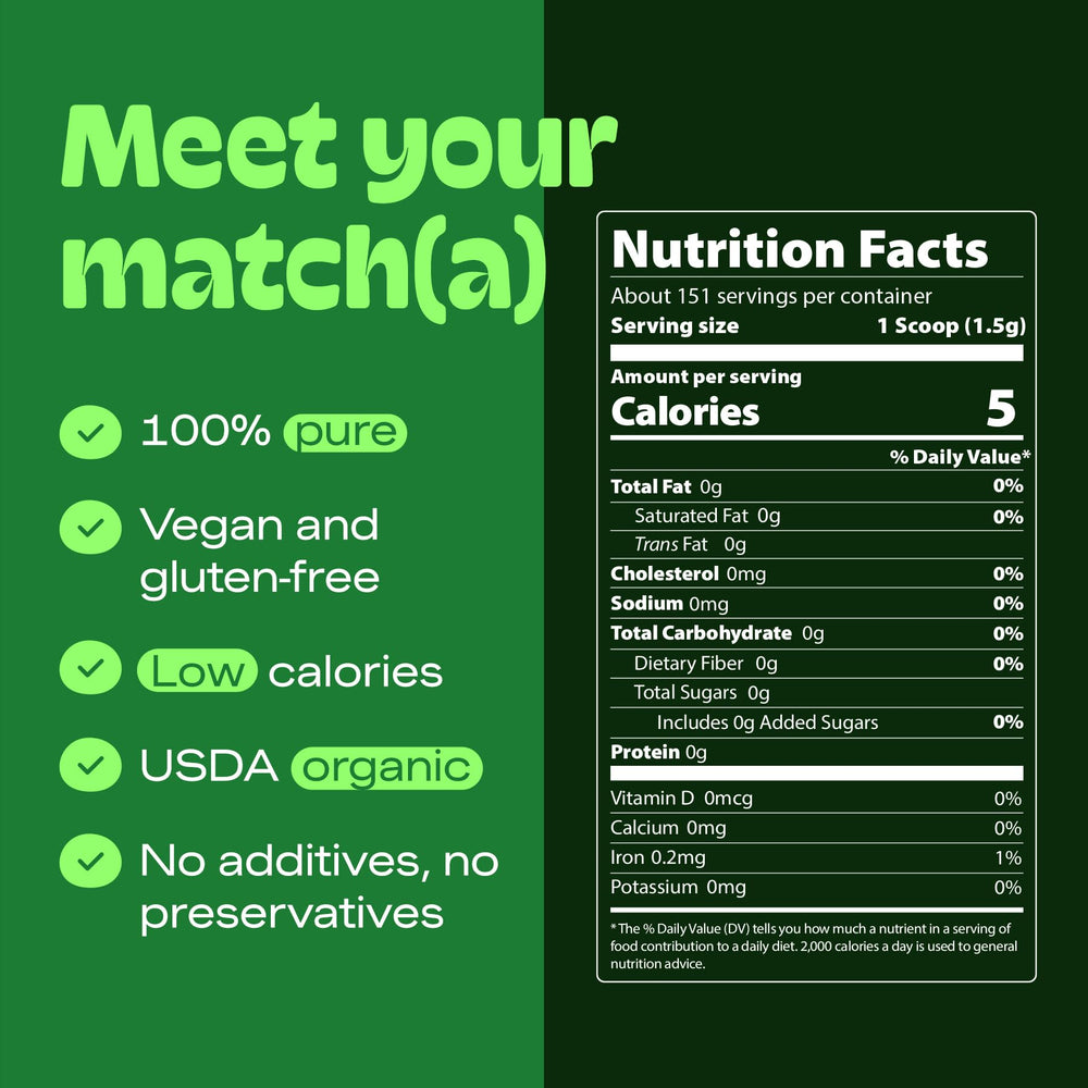 Matcha DNA organic matcha powder with scoop close-up for precise measuring.