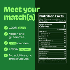 Matcha DNA organic matcha powder with scoop close-up for precise measuring.