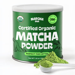 MATCHA DNA organic matcha powder tin front view for premium tea and lattes