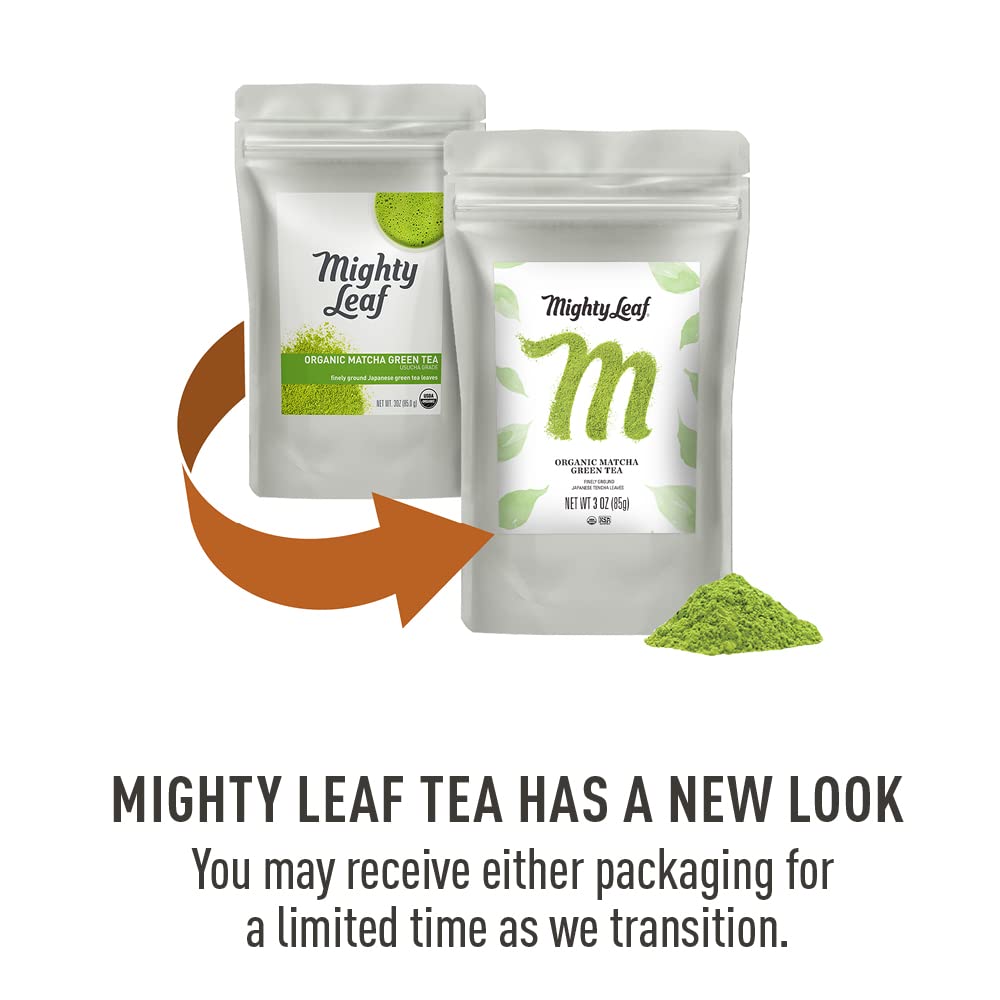 Mighty Leaf matcha powder jar on display highlights rich color and silky texture