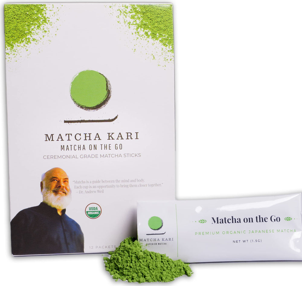 Matcha Kari ceremonial organic stick on a tray for a quick energy boost