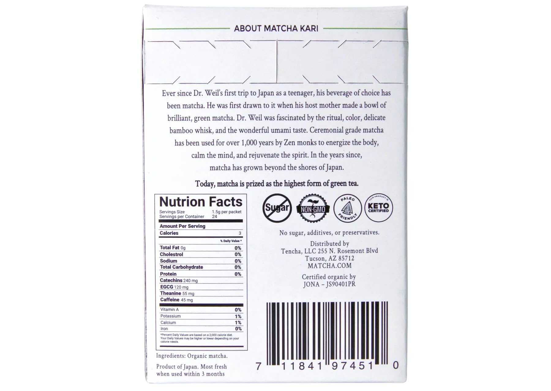 Close-up of Matcha Kari matcha powder packaging highlighting organic quality