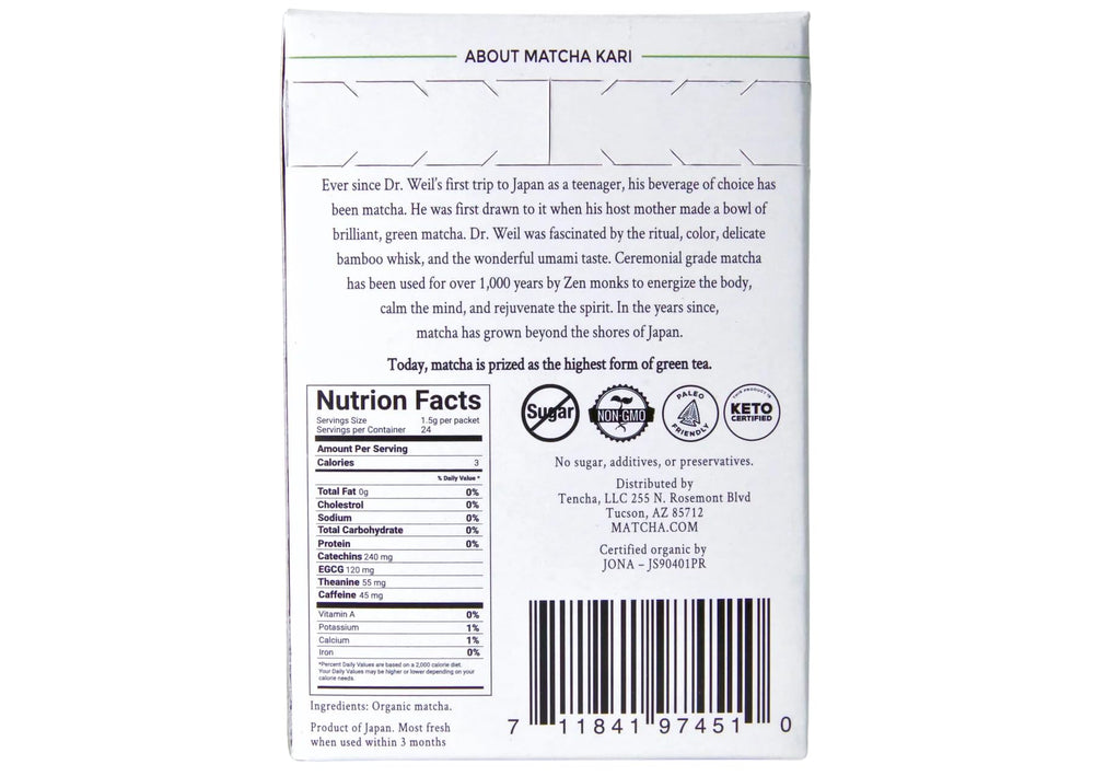 Close-up of Matcha Kari matcha powder packaging highlighting organic quality