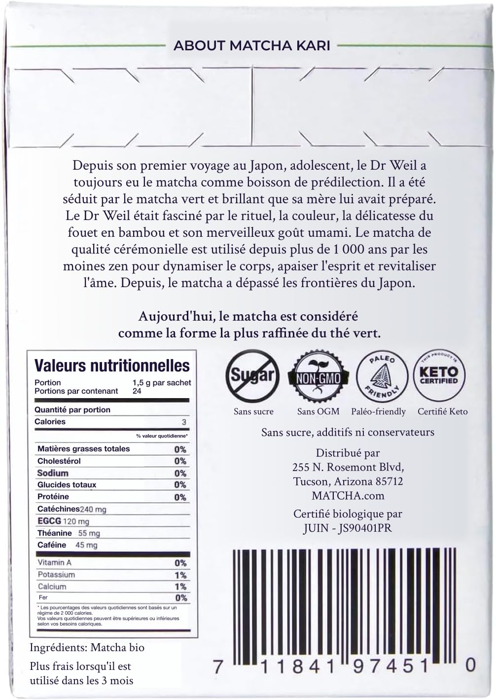 Matcha Kari organic certification badge visible on the box
