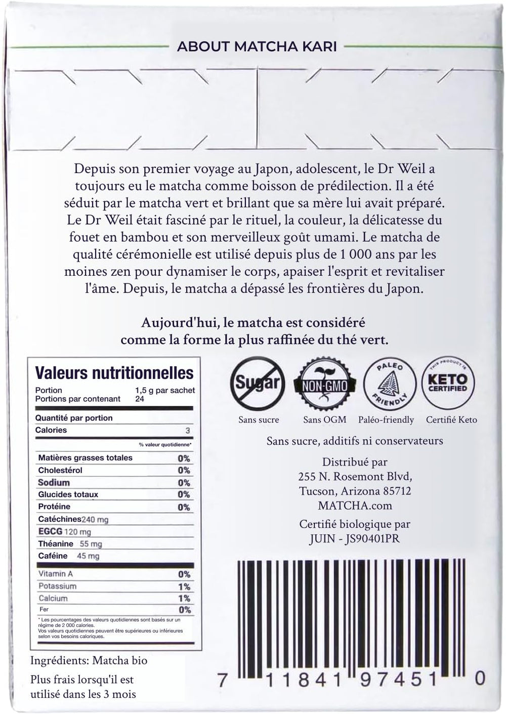 Matcha Kari organic certification badge visible on the box