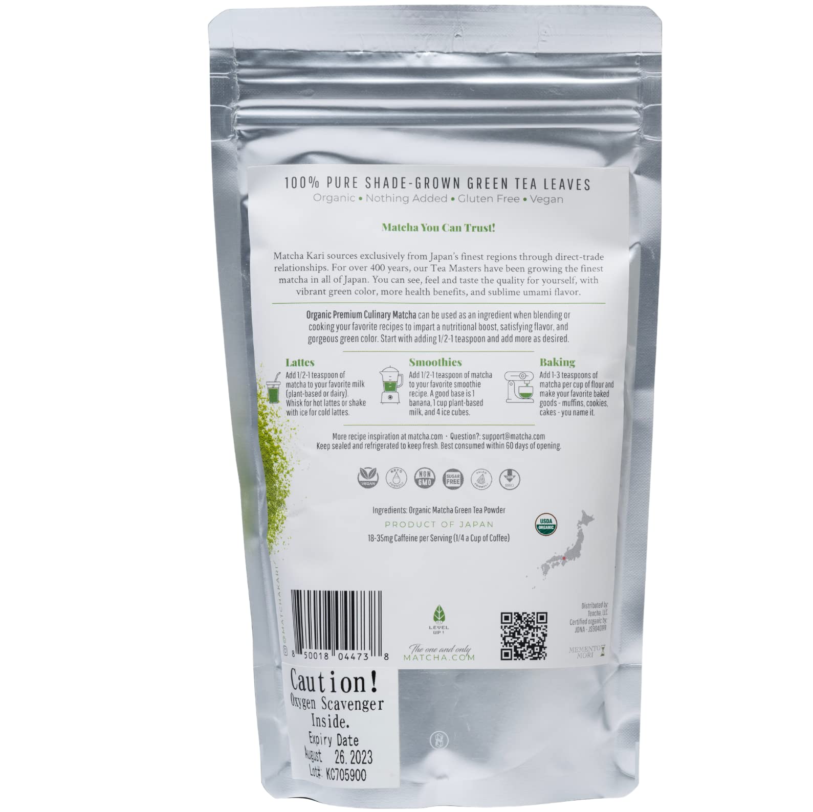Resealable pack of Matcha Kari keeps flavor fresh.