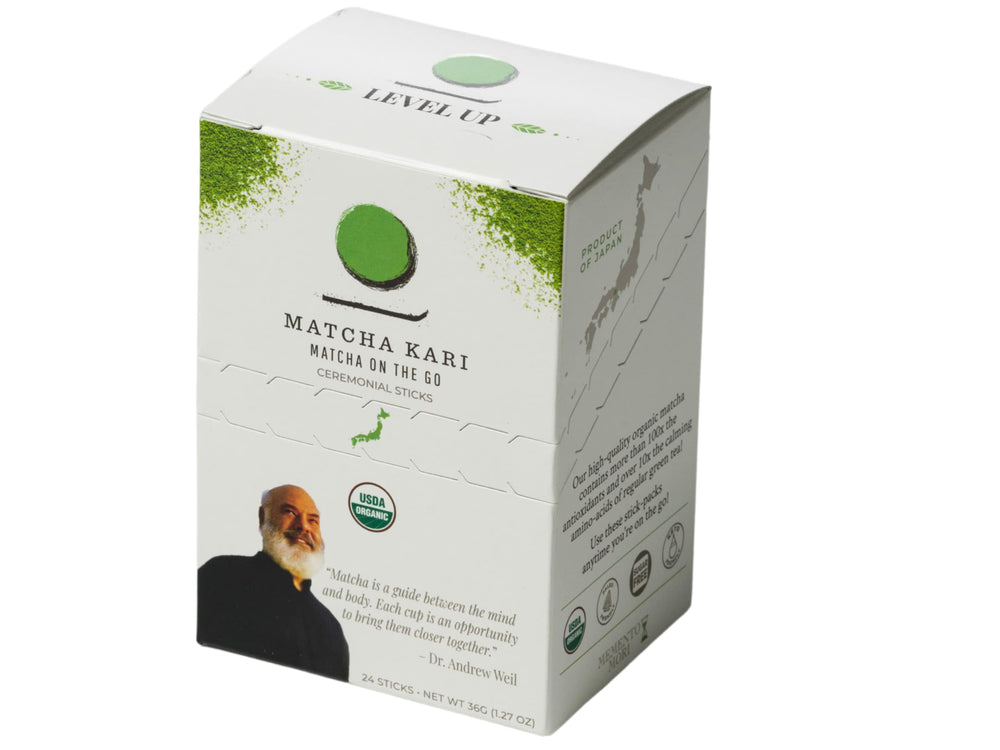 Single-serving Matcha Kari stick ready to mix into hot or cold beverages