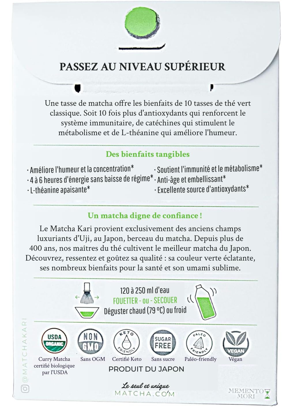 Matcha Kari vegan gluten-free label on packaging