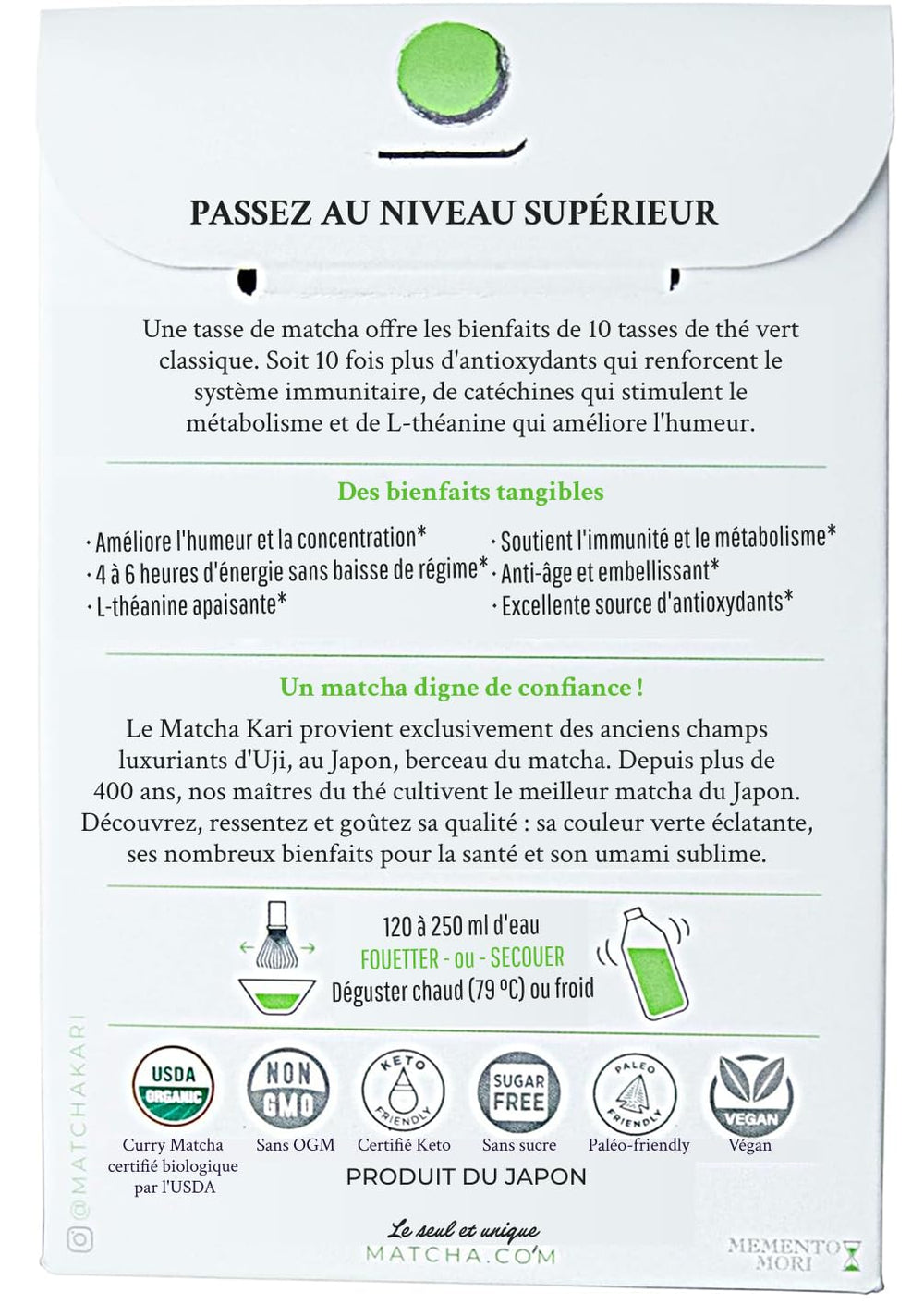 Matcha Kari vegan gluten-free label on packaging