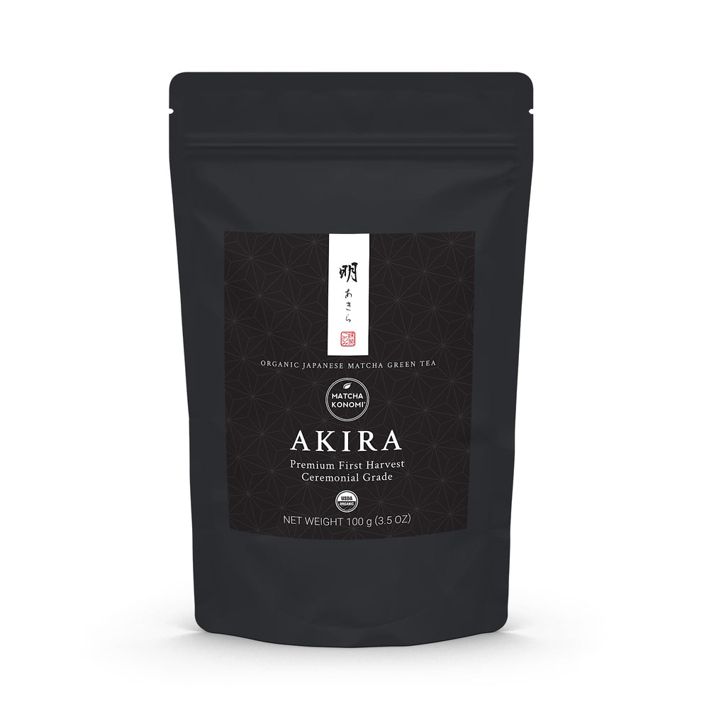 Matcha Konomi Akira powder packaging highlights premium ceremonial grade quality for daily rituals.