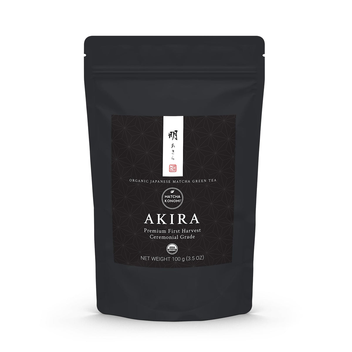 Matcha Konomi Akira powder packaging highlights premium ceremonial grade quality for daily rituals.