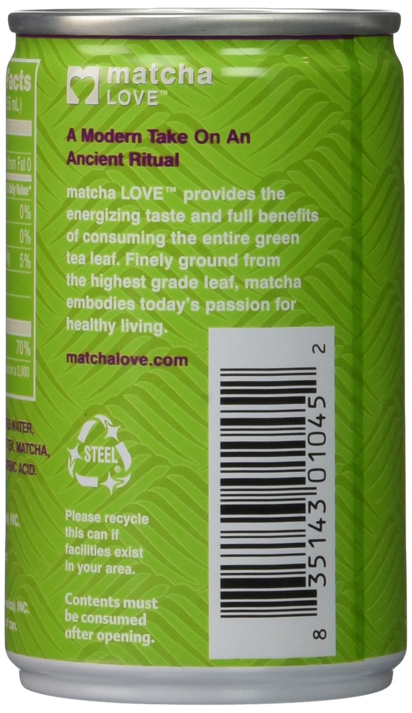 Matcha LOVE nutrition facts panel shows a low calorie option.