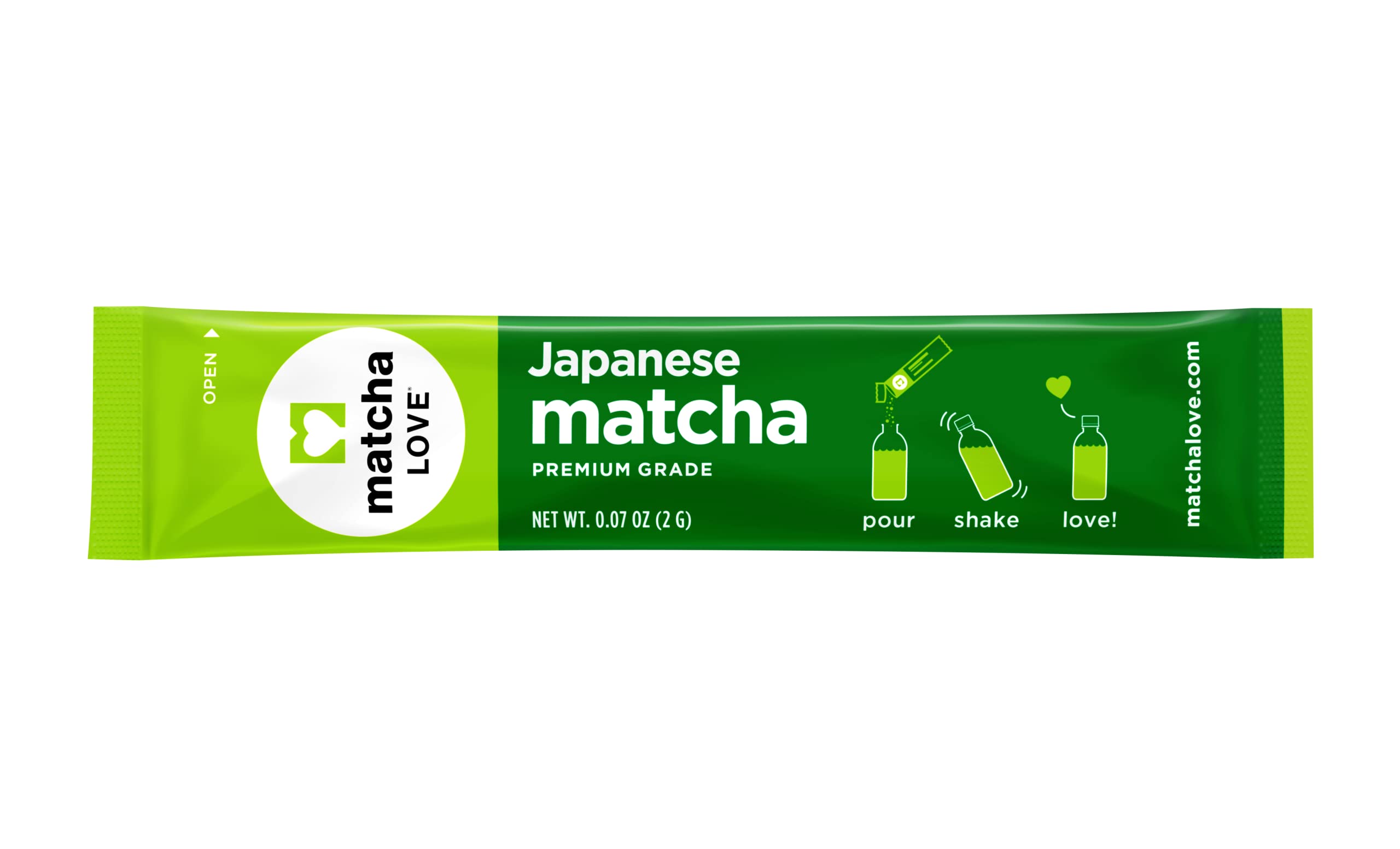 Open Matcha LOVE packet showing vibrant green powder ready to whisk.