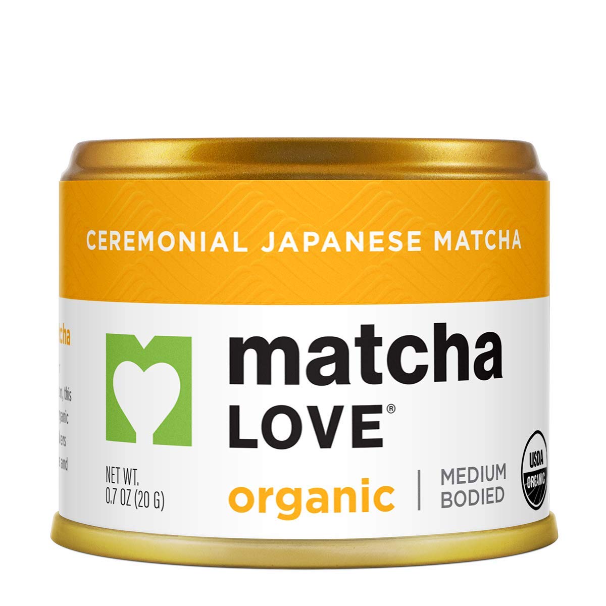 Matcha Love Organic tin close-up showing vibrant ceremonial-grade powder.