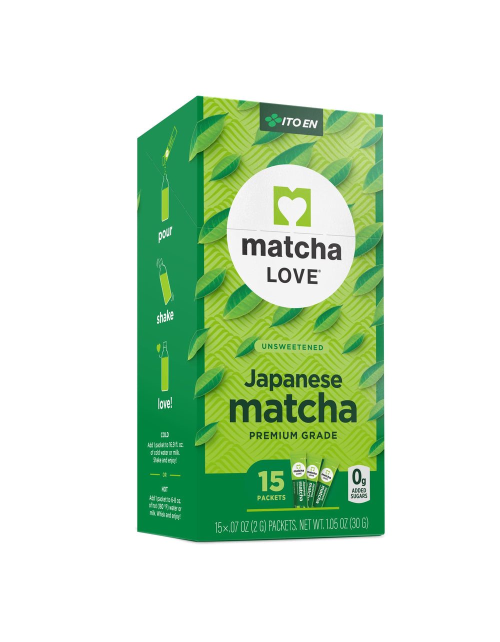 Matcha LOVE unsweetened single-serve packets for quick, customizable tea moments.
