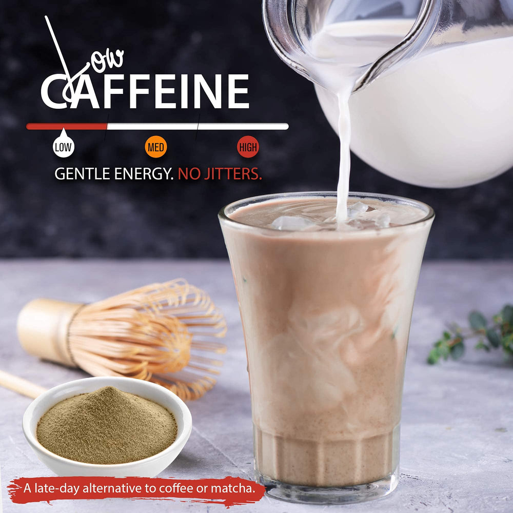 Matcha Moon hojicha powder in a steaming mug suitable for lattes.