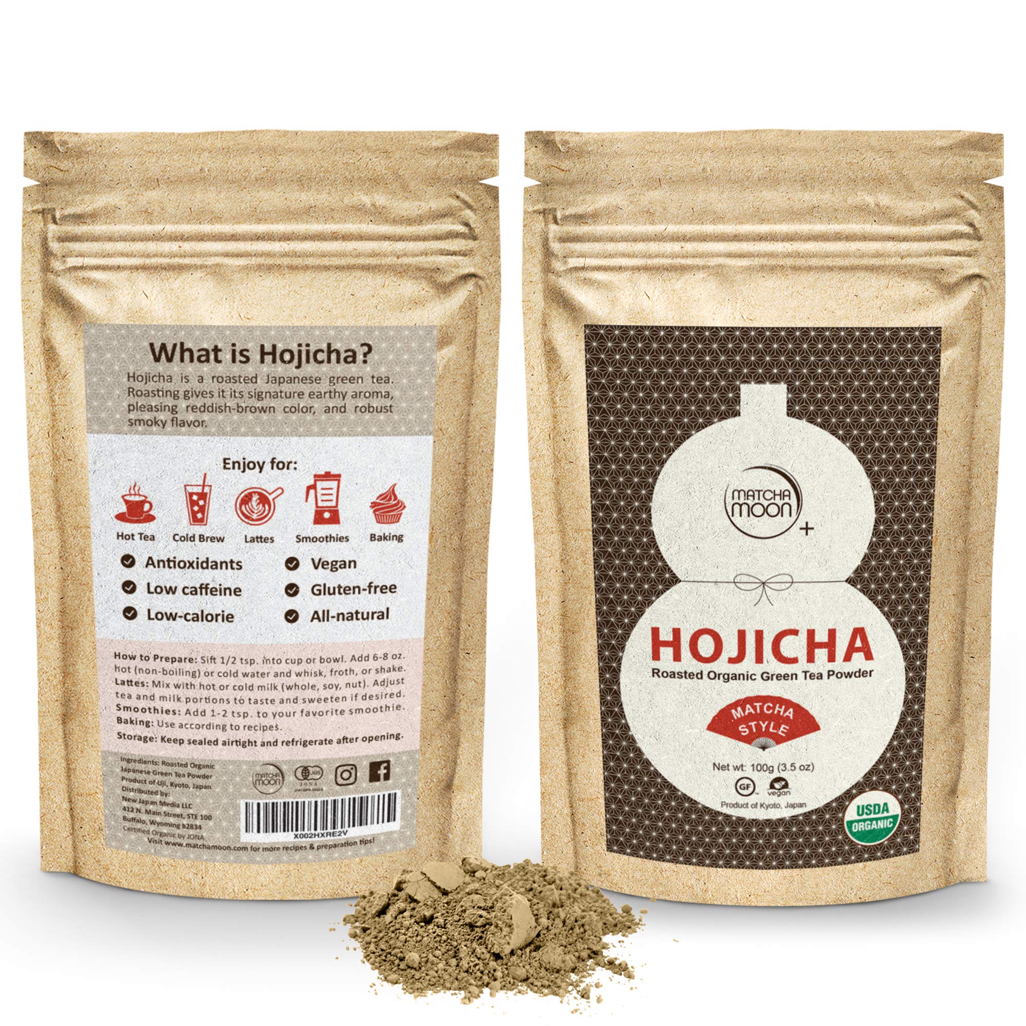 Uji Kyoto origin label on Matcha Moon hojicha packaging signals authentic quality.