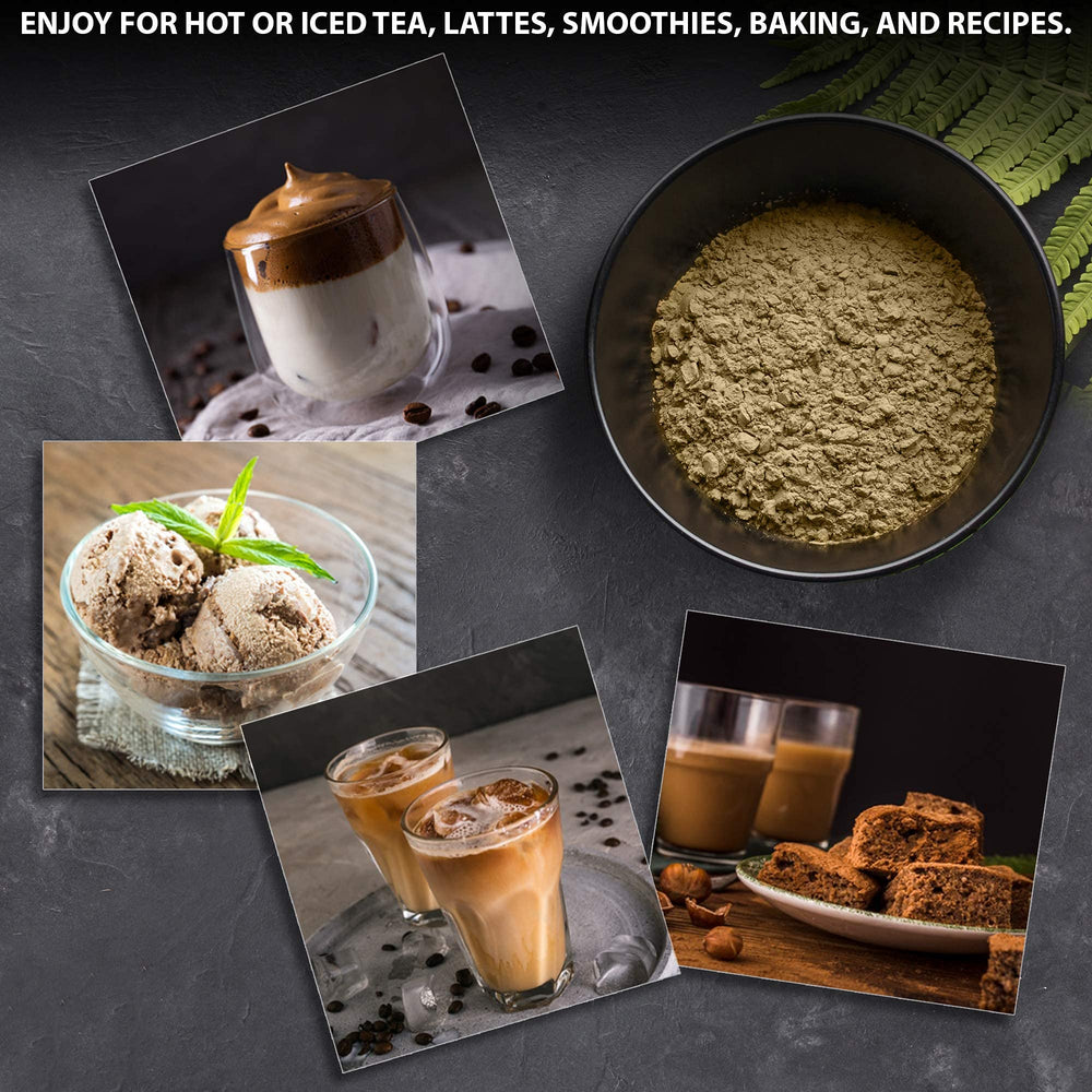 Compact packaging of Matcha Moon hojicha powder suggests travel-friendly freshness.