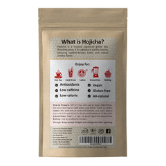 Close-up of Matcha Moon hojicha powder in a jar with a rich roast aroma.