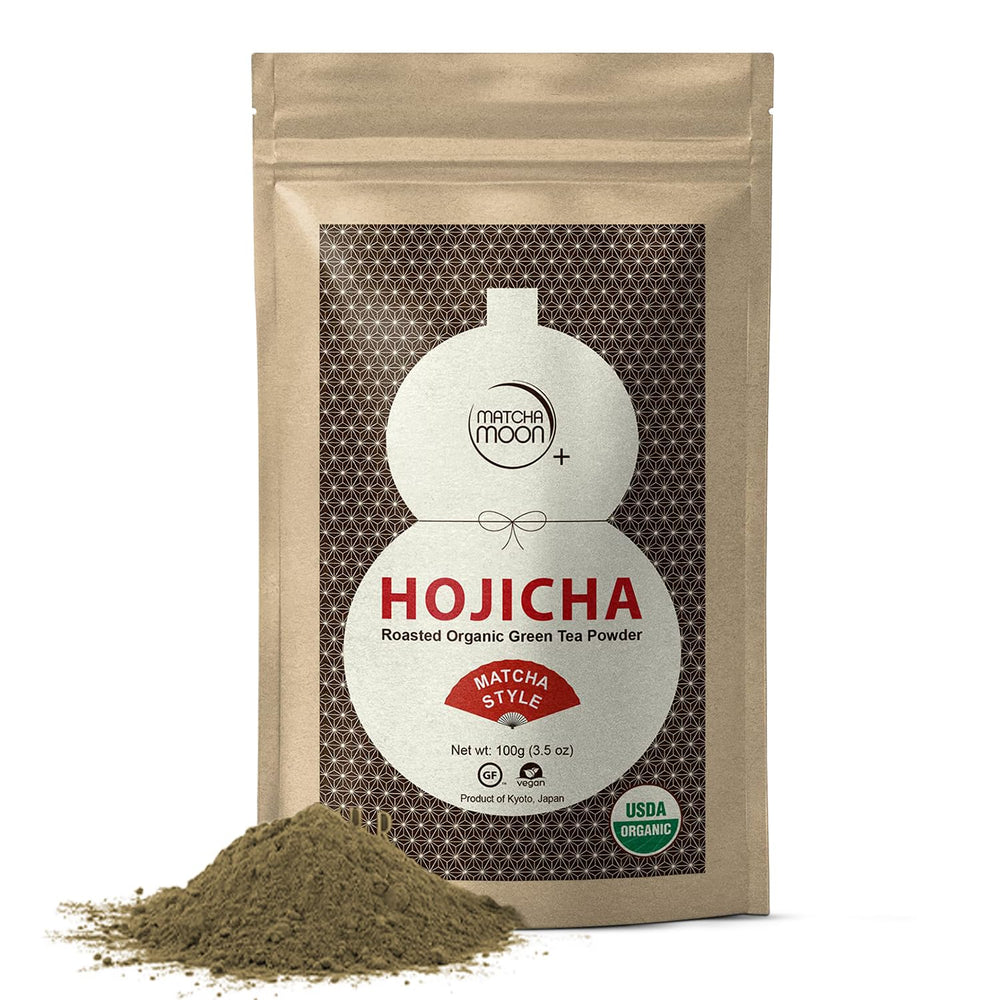 Matcha Moon hojicha powder in a resealable bag preserves freshness for easy use.