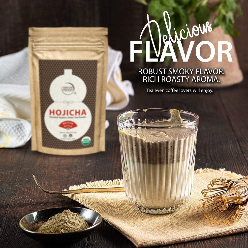 Brewed Matcha Moon hojicha tea in a cup with a smoky aroma.