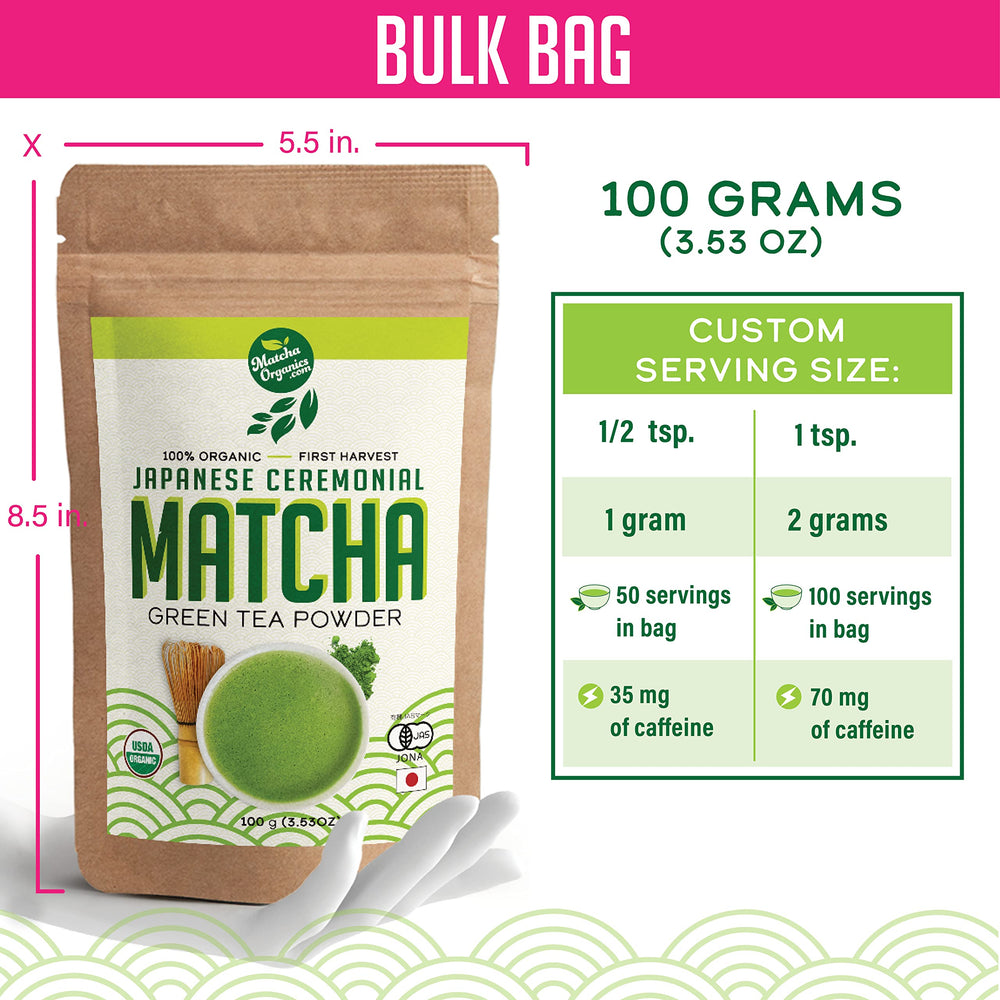 Matcha Organics ceremonial grade matcha in a bowl ready to whisk.