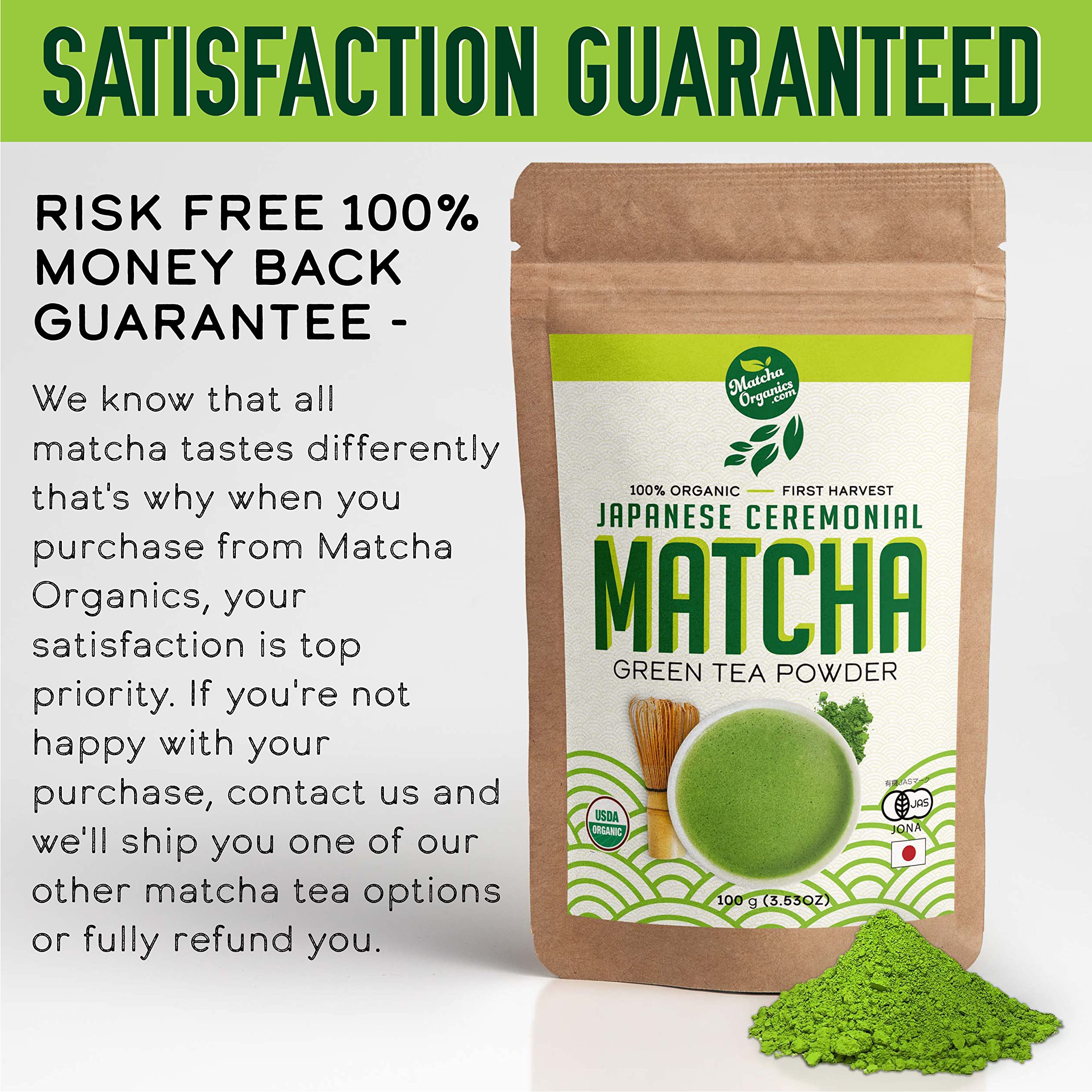 Matcha Organics USDA and JAS labels indicating organic quality.