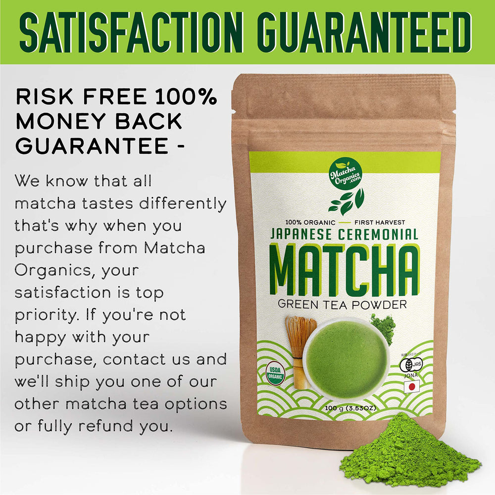 Matcha Organics USDA and JAS labels indicating organic quality.