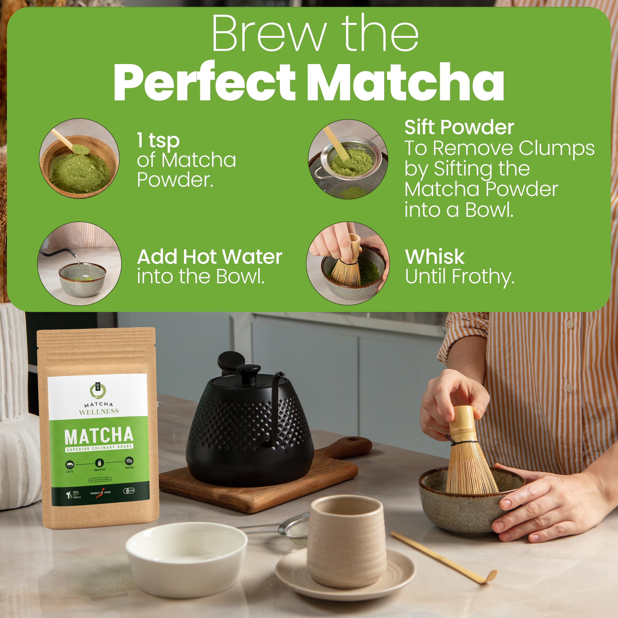 Matcha Wellness latte-ready powder blends into creamy foam.