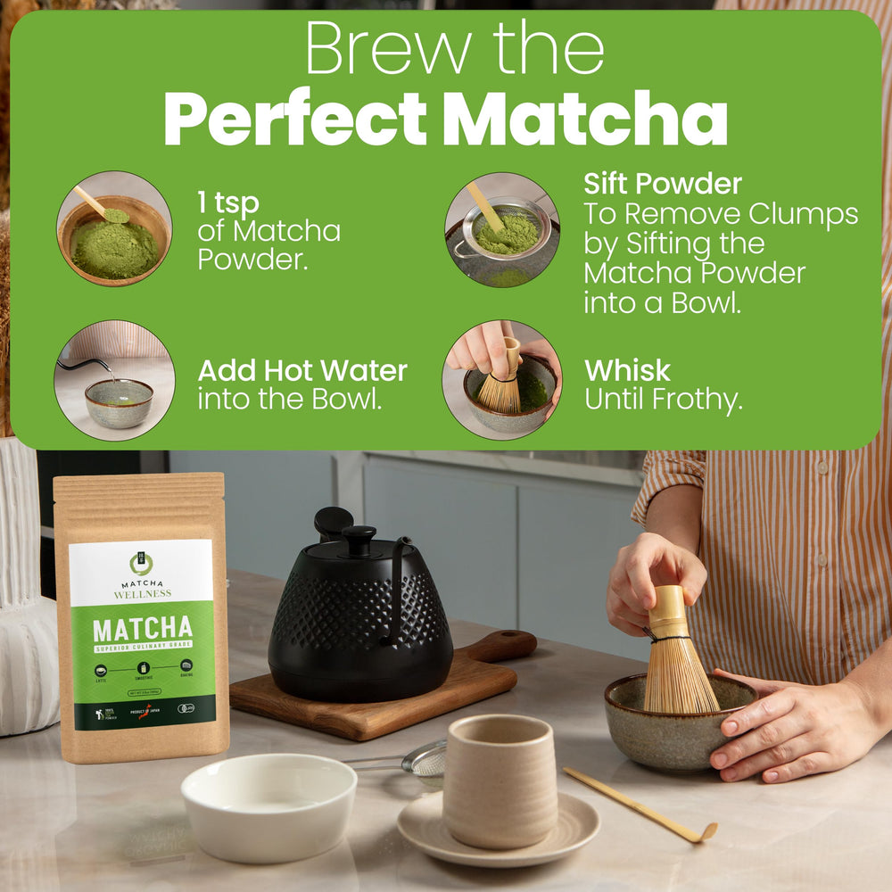 Matcha Wellness latte-ready powder blends into creamy foam.