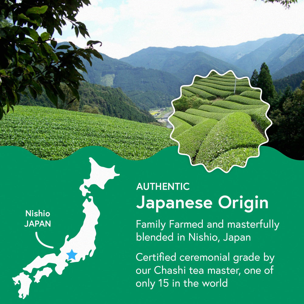 Antioxidant-rich matcha powder suitable for smoothies and hot tea.