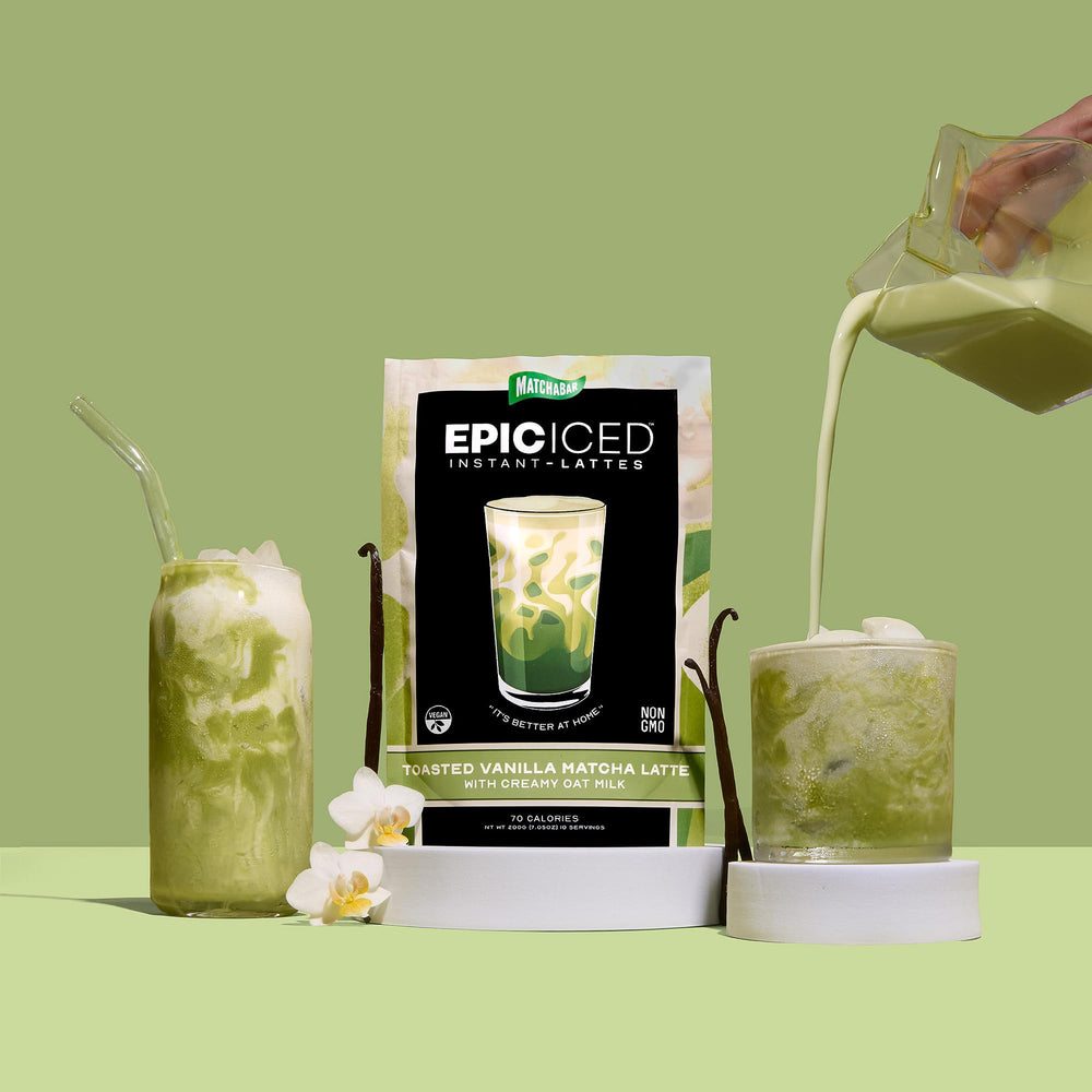 MATCHABAR Epic oat milk latte mix being poured over ice