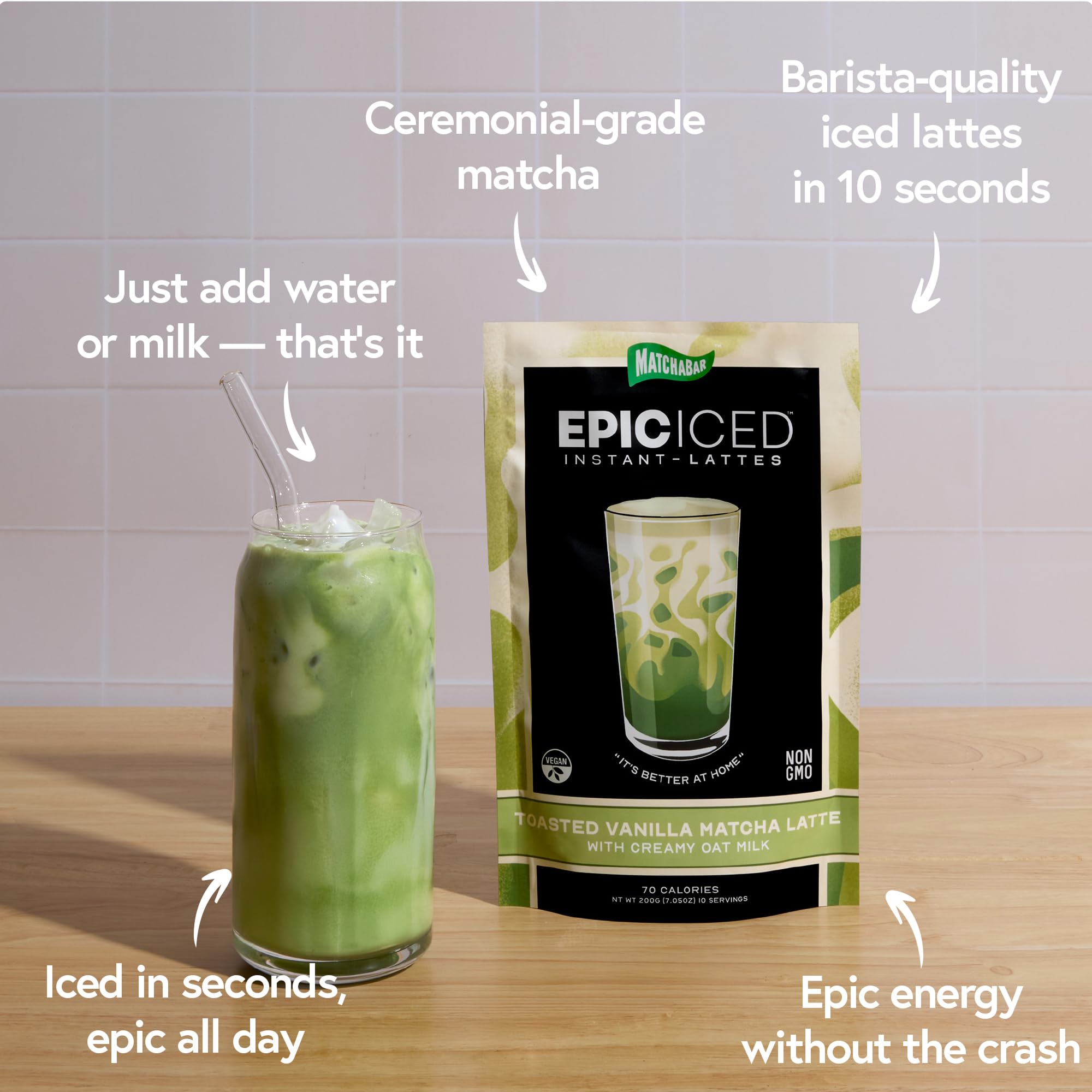 MATCHABAR Epic vanilla latte in a mug with oat milk for at-home creaminess