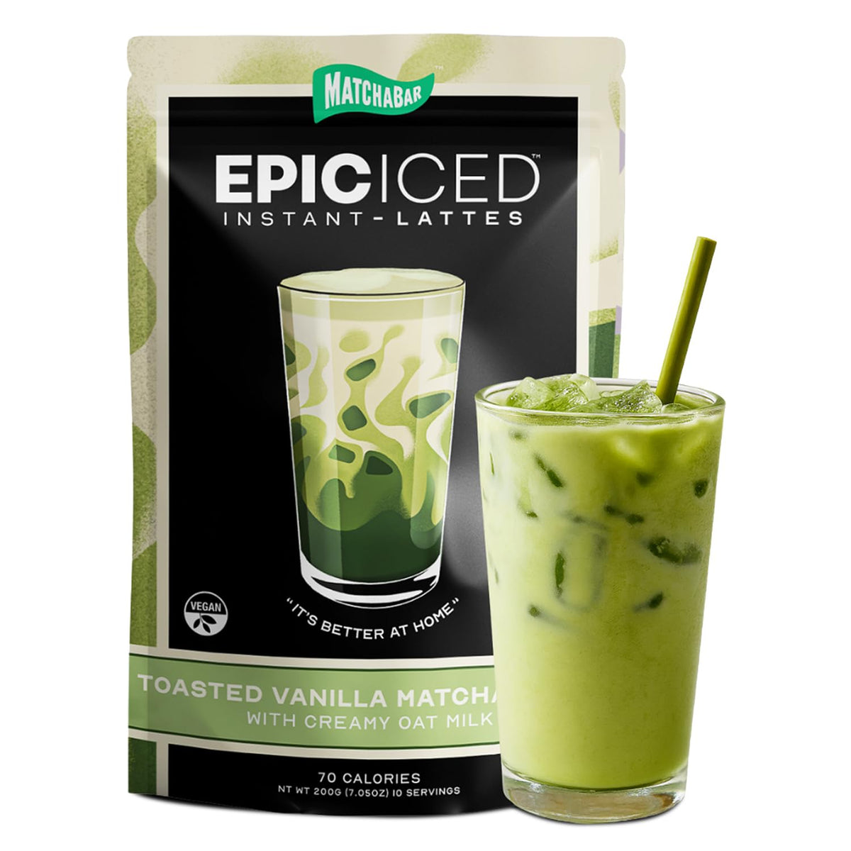 MATCHABAR Epic Iced Latte Powder vanilla bottle ready for a creamy lift
