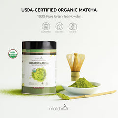 MatchAiA organic matcha powder jar closeup, perfect for smoothies