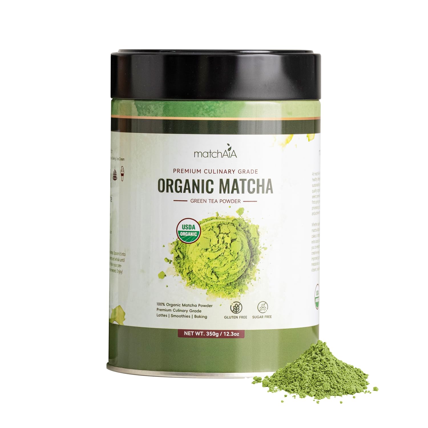 MatchAiA organic matcha powder tin front, ideal for premium lattes