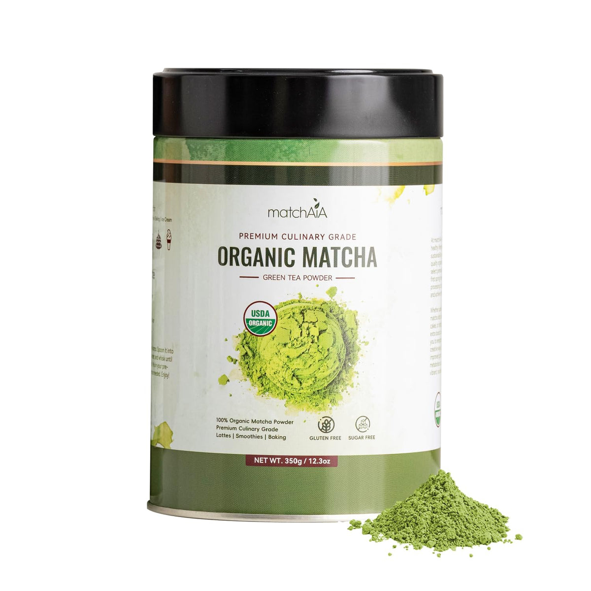 MatchAiA organic matcha powder tin front, ideal for premium lattes